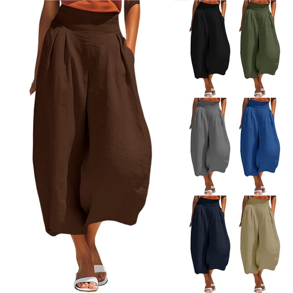 Bloomae Women's Stretchy Wide Leg Palazzo Capri Pants Casual Wide Elastic High Waist Baggy Lounge Capris Loose Fit Dressy Cropped Trousers with Pockets