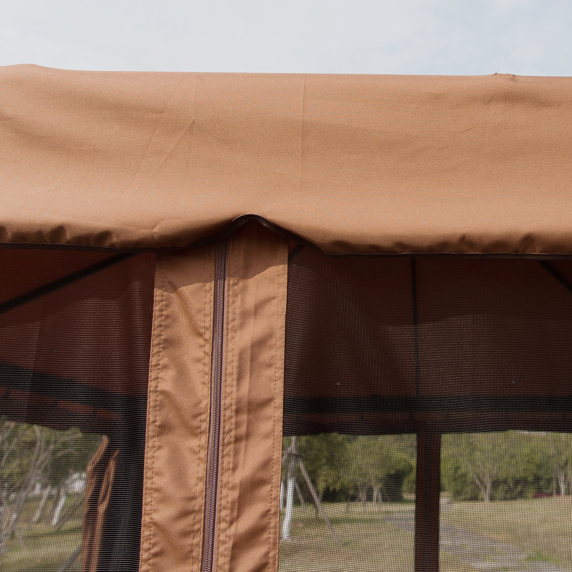 Outsunny 10' x 10' Patio Gazebo, Aluminum Frame Double Roof Outdoor Gazebo Canopy Shelter with Netting & Curtains, for Garden, Lawn, Backyard and Deck, Brown