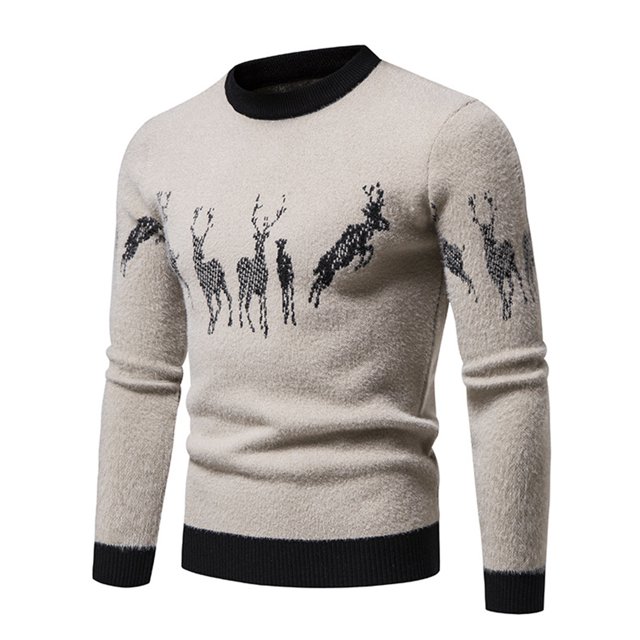 Otoño e invierno de los hombres Jersey de cuello redondo de los nuevos hombres Suéter de Navidad con estampado de ciervos de punto Camisa de fondo de Año Nuevo europeo y americano Pompotops oipoqjl39738