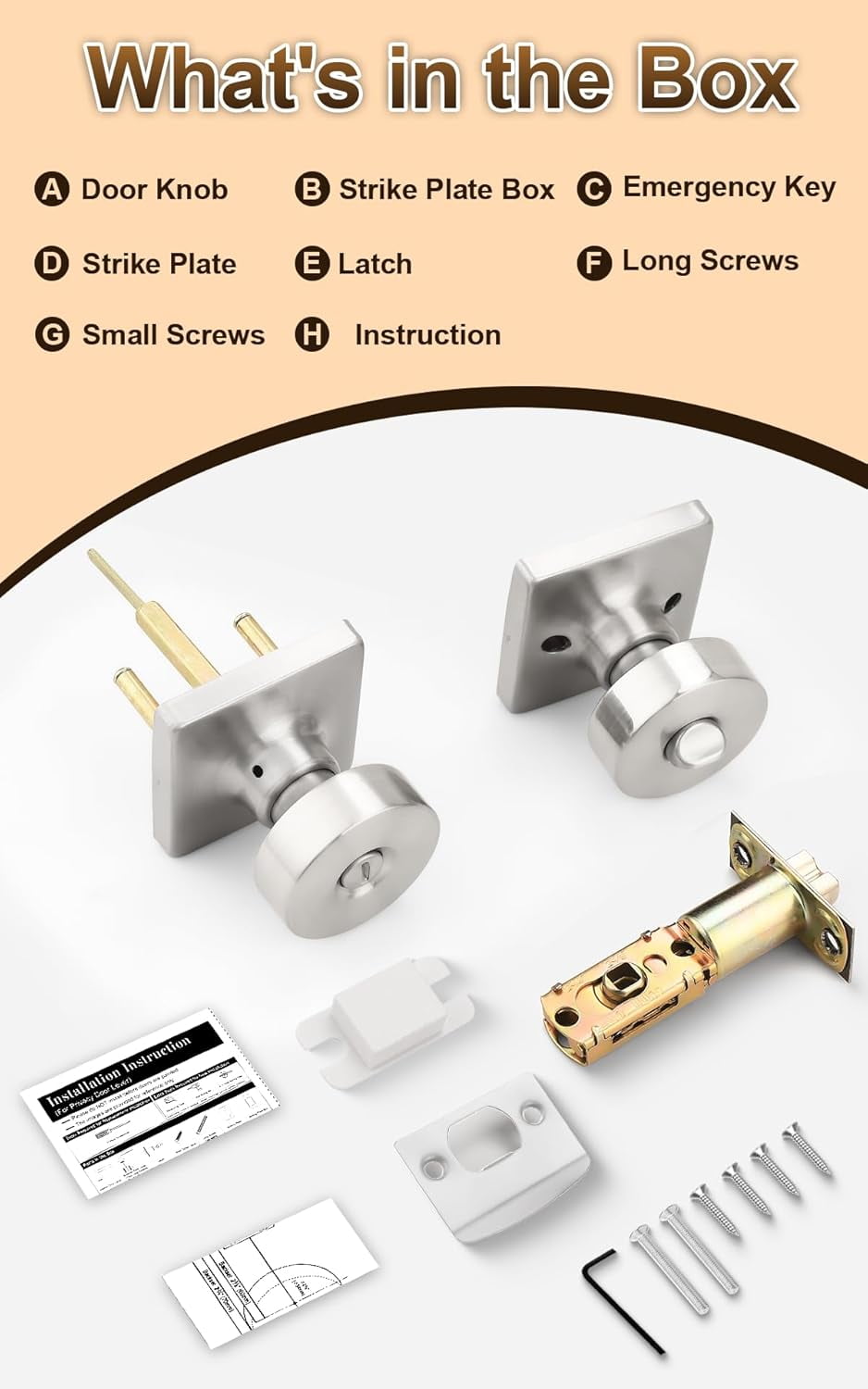 Bedroom Door Knobs Interior, Privacy Keyless Door Handles for Bedroom or Bathroom, 1 Pack Square Panel Door Knob in Satin Nickel Finish