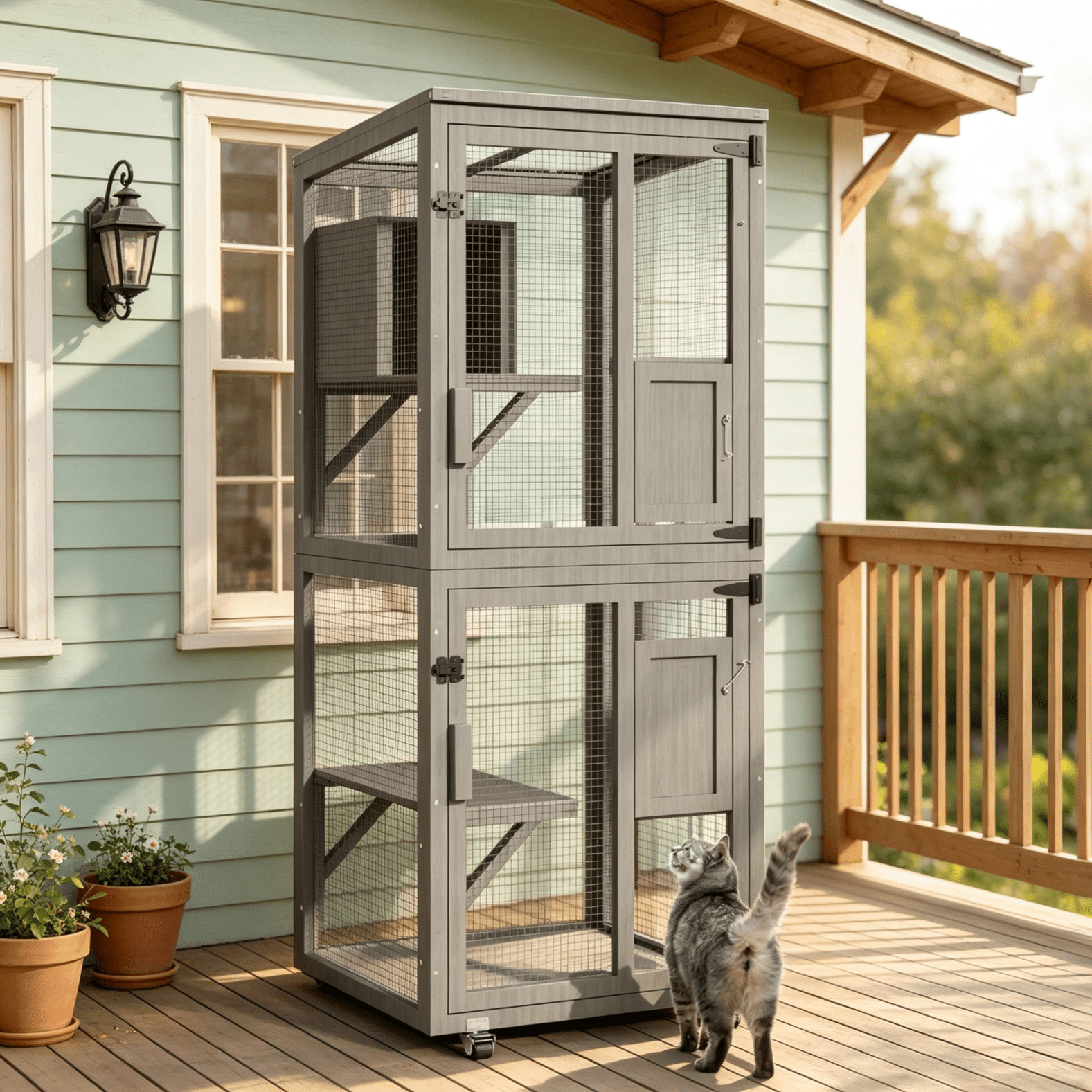 TIMHAKA Outdoor Cat Catio Enclosure, 4 Tiers Indoor Catio w/ Wheels, Resting Box, Waterproof Roof, Gray