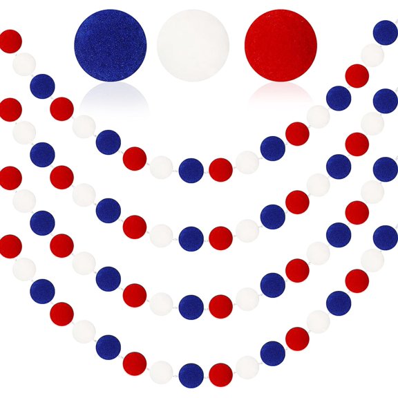4 Pack 26.3 Feet 4th of July Pom Pom Garland Decorations, Red White Blue 30 Balls Independence Day Felt Ball Garland Patriotic Hanging Supplies for Party Home Decor
