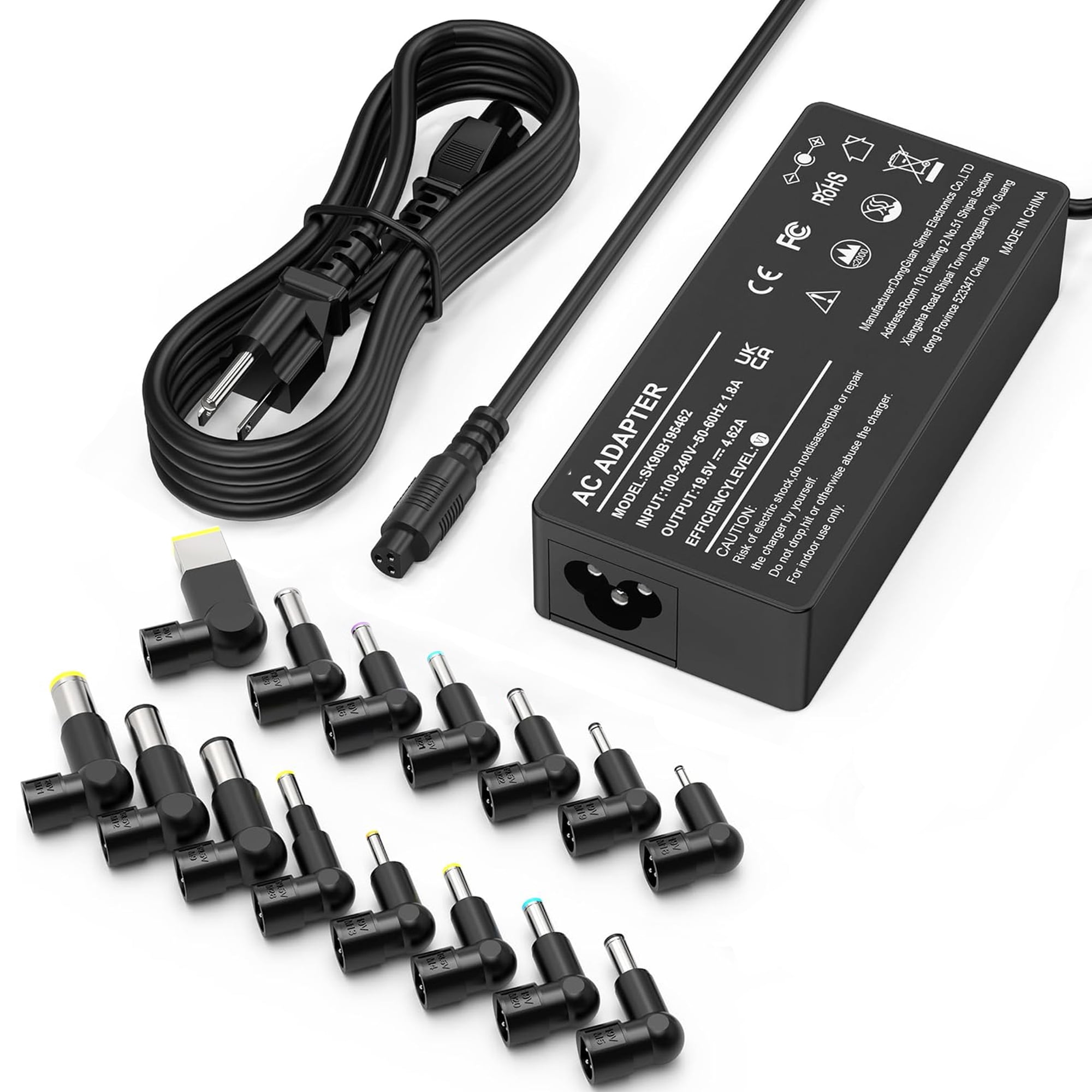 90W Laptop Charger, DC Output 18.5V 19V 19.5V 20V Power Adapter Supply Cord with 15 Tips, Black