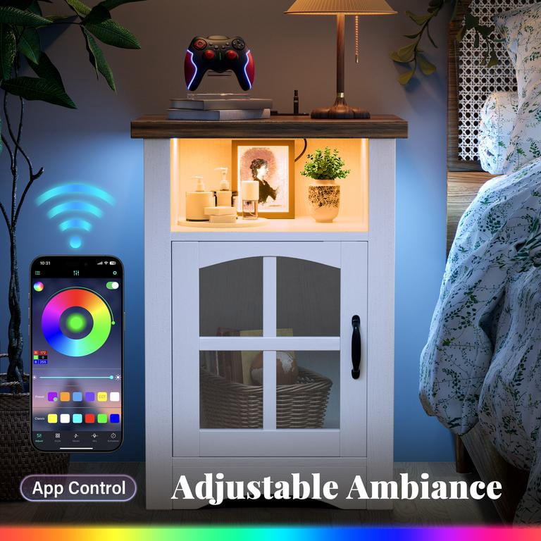 Lacoo End Table with LED Lights & Power Outlet, Side Table with Glass Door for Living Room, Nightstand with Storage for Bedroom, White