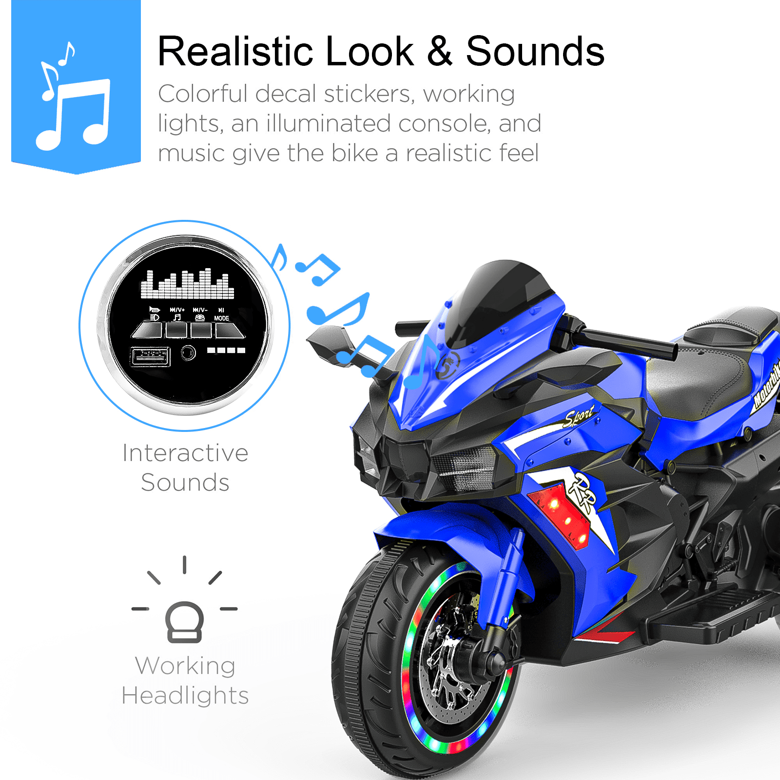 Werseon 12 Volts Kids Motorcycle, Electric Ride On Toy for Ages 3-6, 3-Wheels Lights, Sounds, Bluetooth Speaker, Blue