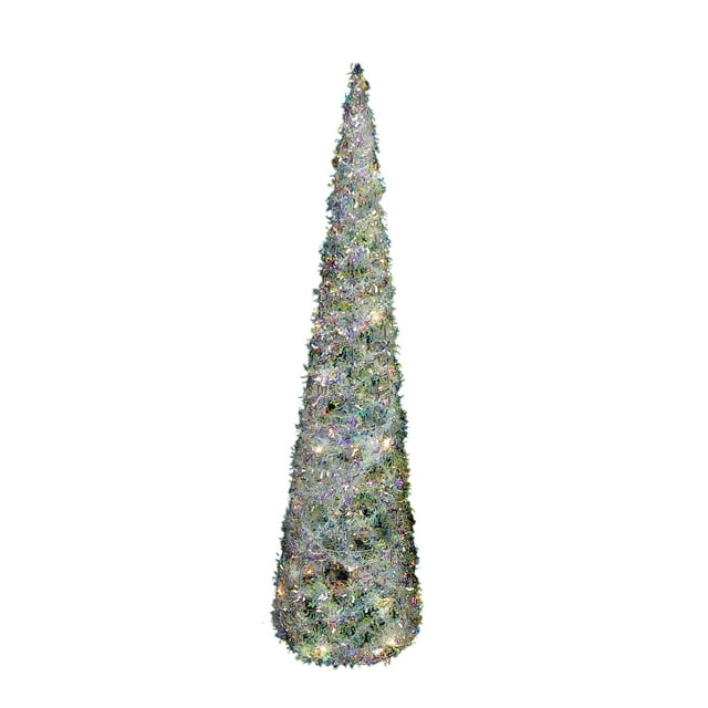 Large 31.5-inch whimsical cone-shaped Christmas tree adorned with shimmering iridescent tinsel and glowing white LED lights.