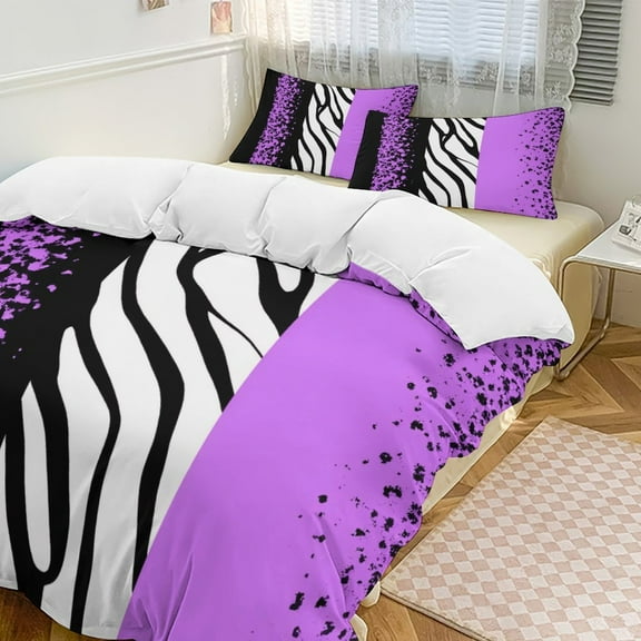 Zebra Purple Splatter Print Set Duvet Cover Themed Multicolor Polyester Bedding Set Duvet Cover for Full Size