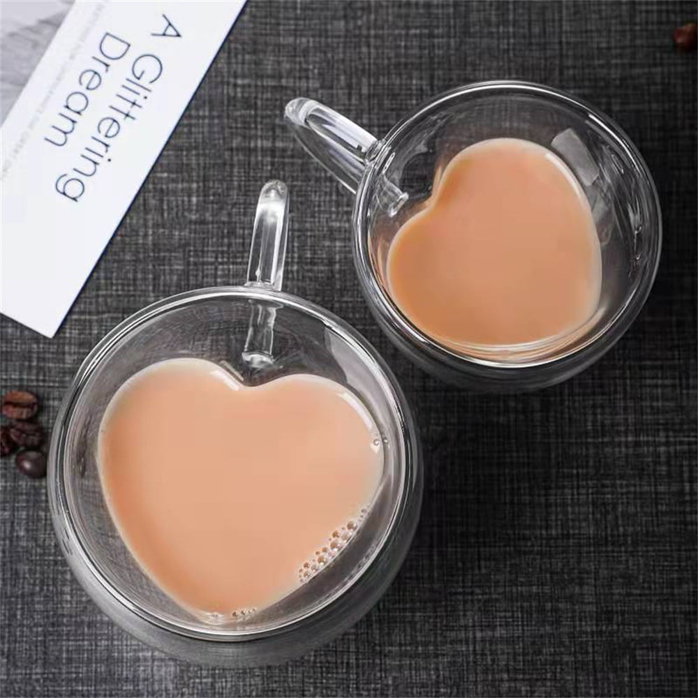 SMIN 8.5 Ounces Heart Shaped Double Wall Insulated Clear Glass Tea Cup or Coffee Cup 