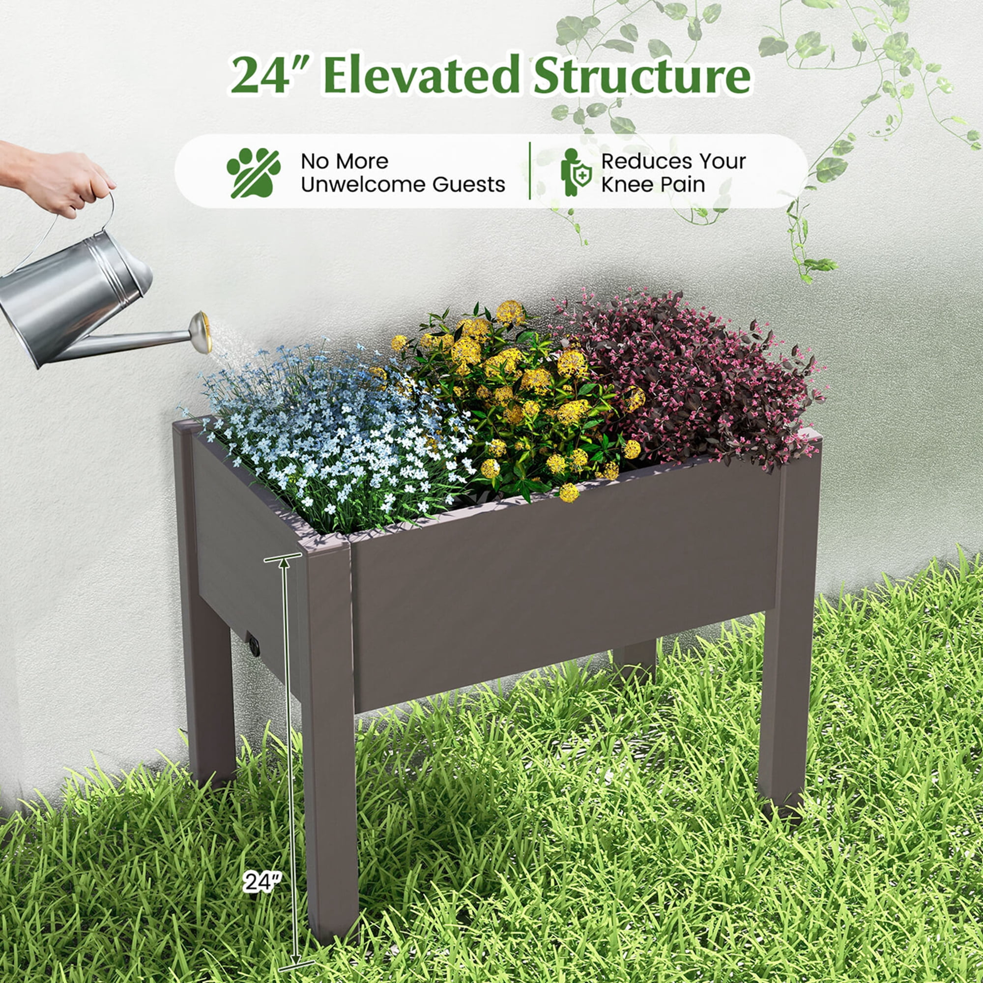 Costway Raised Garden Bed with Water Level Indicator Drainage Hole for Vegetables Outdoor Coffee