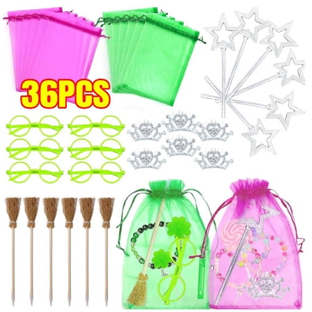 36Pcs Witch Party Favor Goodie Bags，Crown Witch Broom Mini Star Wands Themed Party Favors for Kids Birthday Themed Goodie Bags Fillers