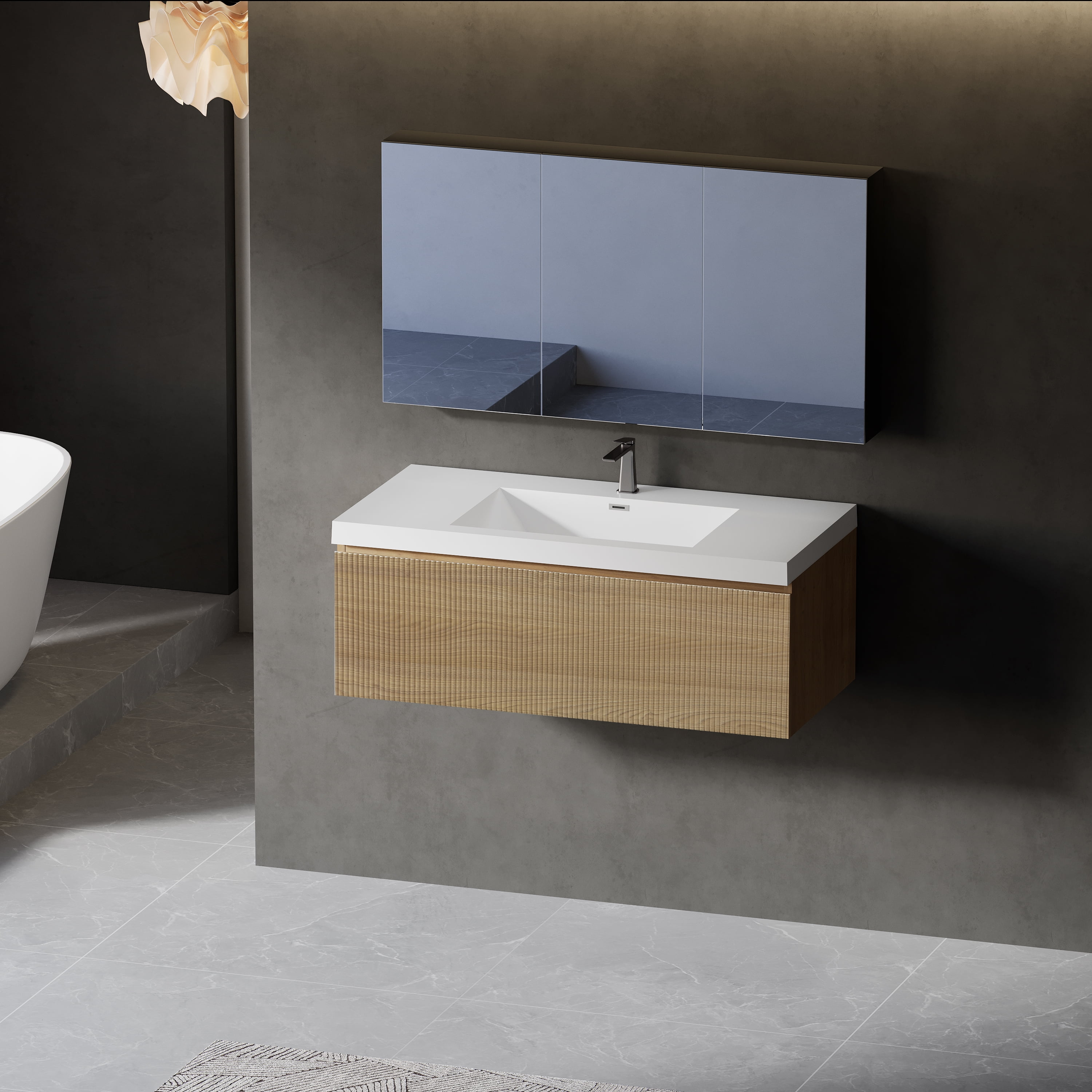 Yoneston 42" Floating Bathroom Vanity, Modern Wood Wall-Mounted Striped Bathroom Storage Cabinet with Soft Close Drawer and Glossy White Solid Surface Basin, Natural
