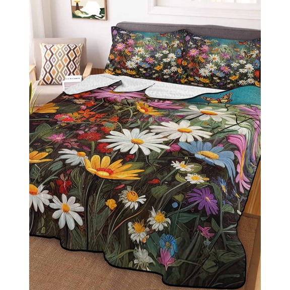 Spring Floral King Size Down Alternative Comforter, Lightweight Comforter Quilt Bedding Set with Pillow Shams Colorful Daisy Summer Botanical Butterfly All Seasons Bed Comforter Duvet Insert 96"x106"