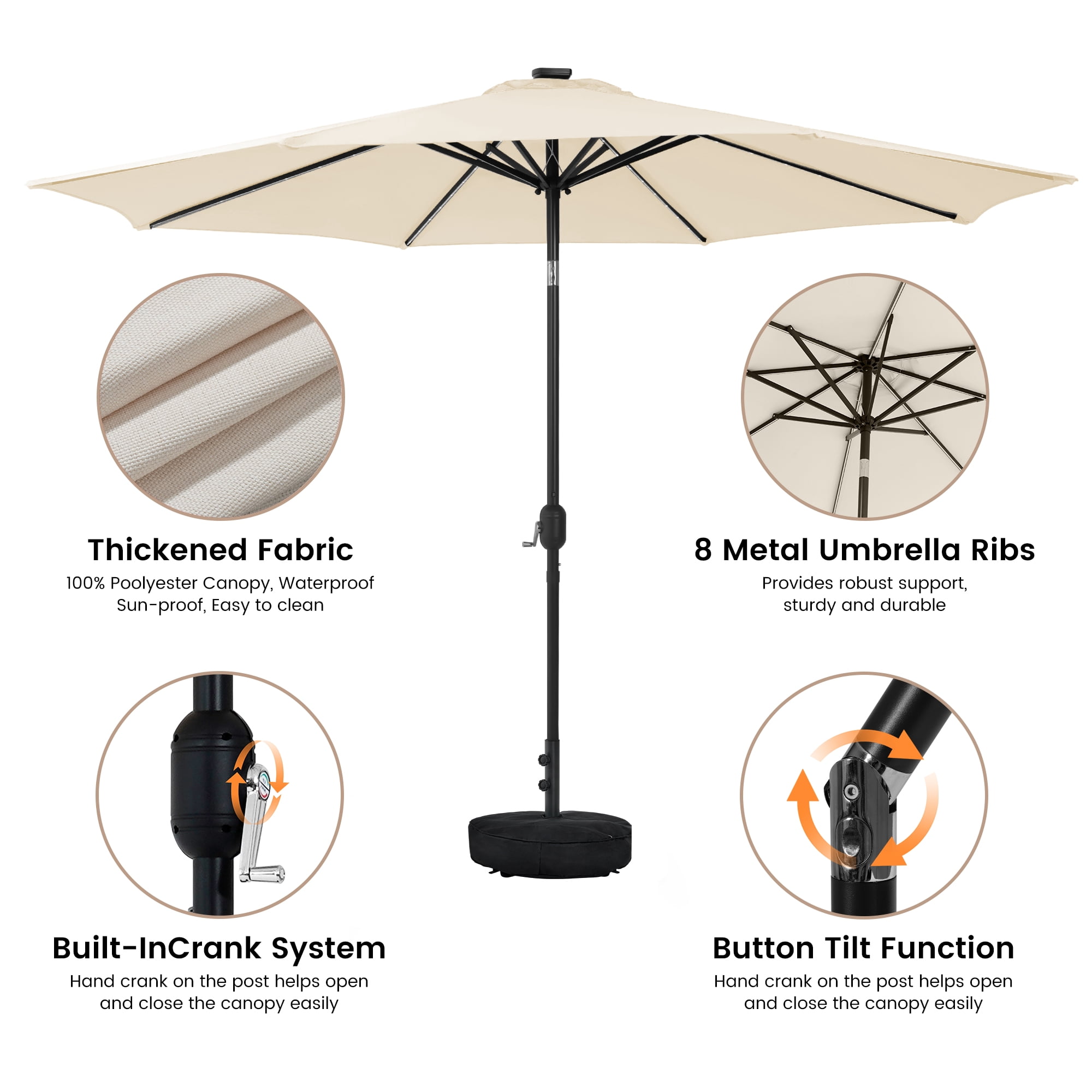 HARBOURSIDE 11ft Solar-Powered Outdoor Umbrella with LED Lights - 13 Solar LED Bulbs, Heavy Duty Base & Sand Bag for Patio/Garden/Poolside, Waterproof UV-Resistant Sun Shade Canopy,Beige