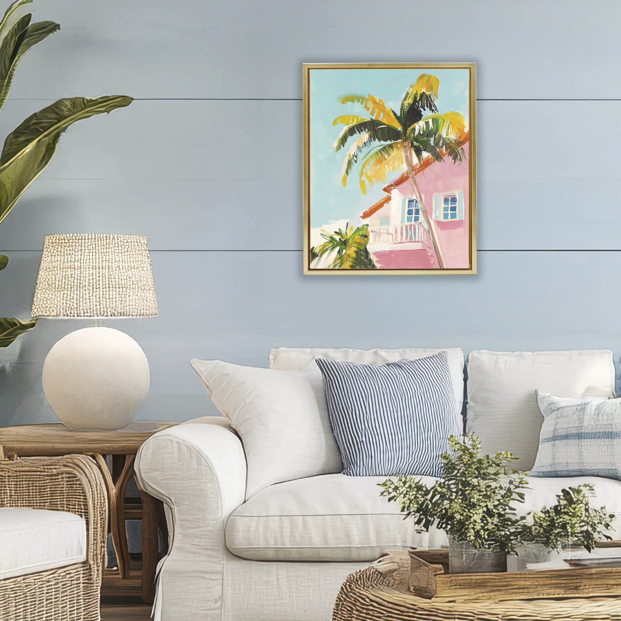 Stupell Industries Pink House Palm Tree Gold Framed Floater Canvas Wall Art, design by The Prints Vibe