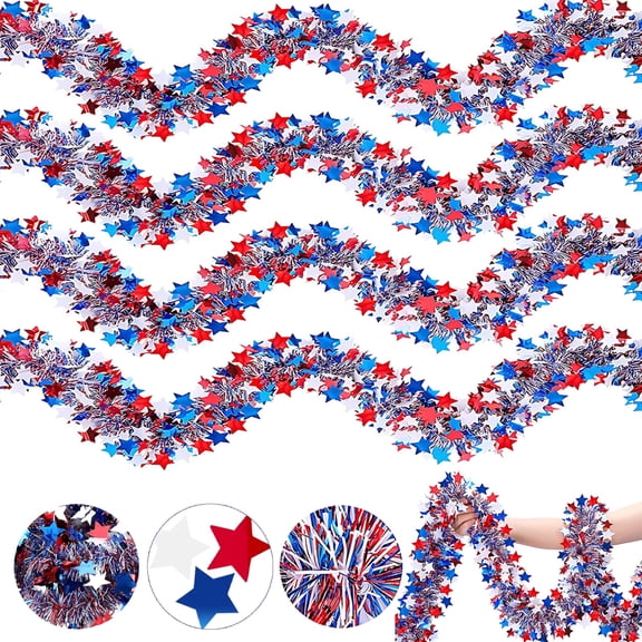 Tumao 33FT 5Pcs 4th of July Garland Red White and Blue Patrioic Star Metallic Tinsel Garland for Independence Day Memorial Day and Veterans Day Decorations