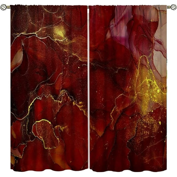 Marble Curtains, Red Gold Abstract Geometry Pattern Texture Window Treatments for Bedroom Living Room, Red Luxury Marble Drape 2 Panel Sets,42x54 Inch Blackout