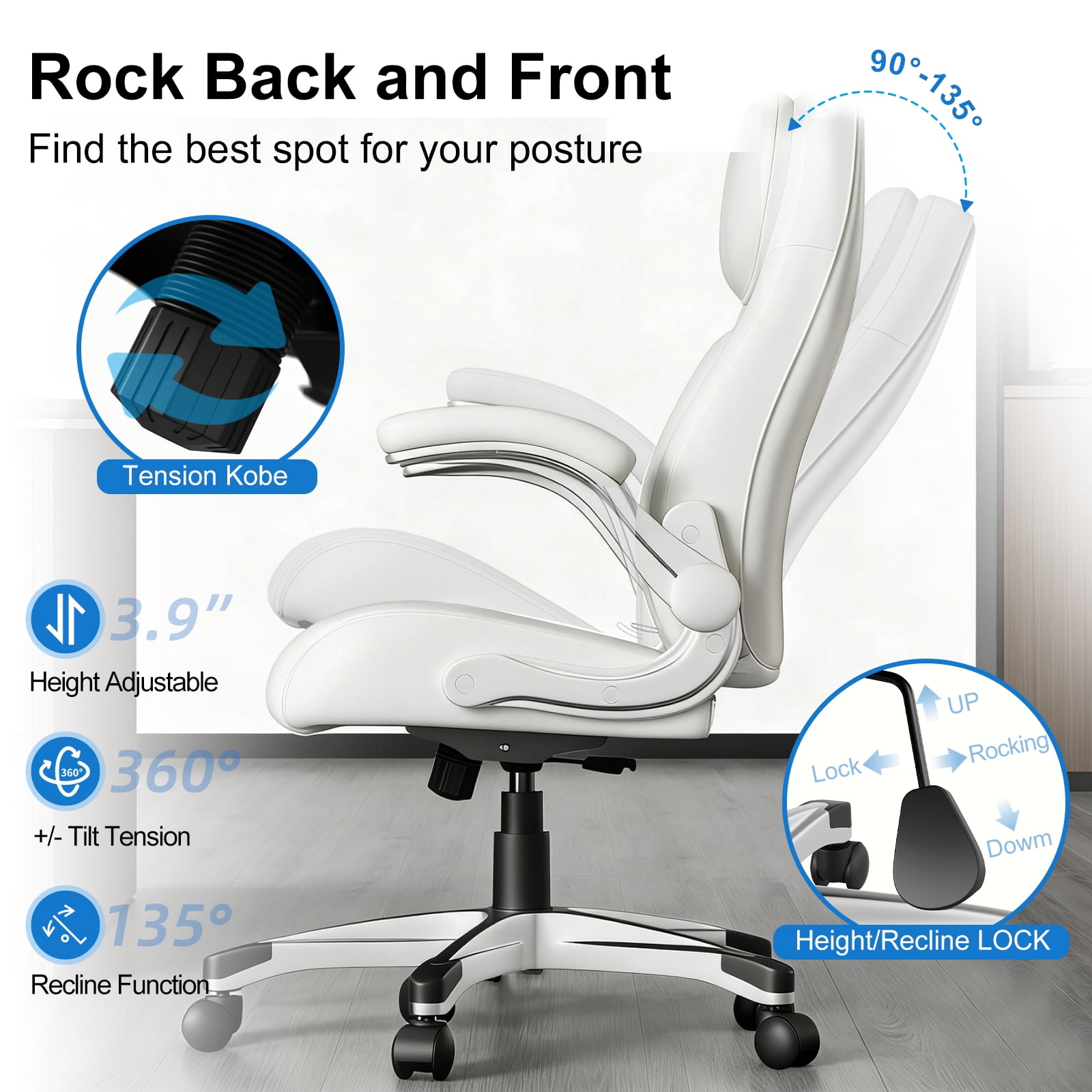 Nouhaus Office Ergonomic Desk High Back Executive Chair with Pop-Out Lumbar Support, Adjustable Headrest, Flip-Up Arms, Leather Home with Thick Cushion for Comfort - White