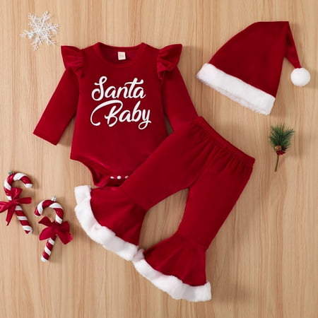 

BULLPIANO 3Pcs Newborn Girl Christmas Outfit Santa Baby Ruffle Long Sleeve Romper Top+Flare Pants+Hat Red Velvet Xmas Clothes