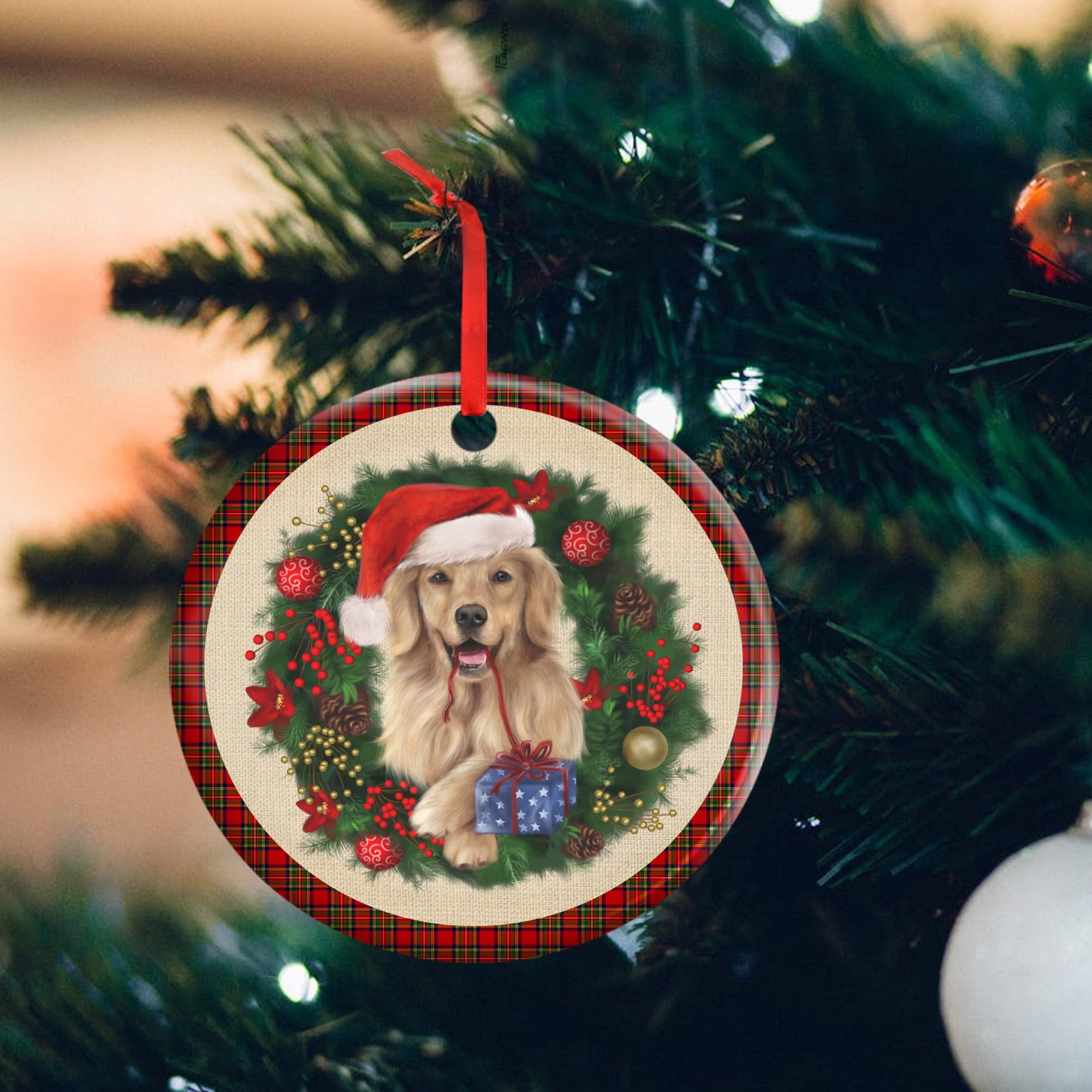 Christmas Ornaments, Merry Christmas Golden Retriever Ceramic Ornament FLAGWIX Circle 3.5