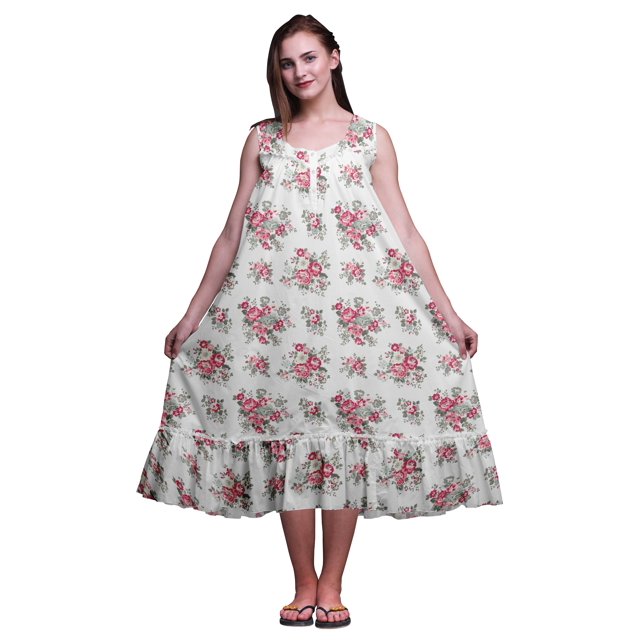 Bimba White20 Floral Leaves & Begonia Mi-Mollet Vêtement de Nuit Femme Coton Imprimé Sans Manches Robe de Nuit Maxi Petite