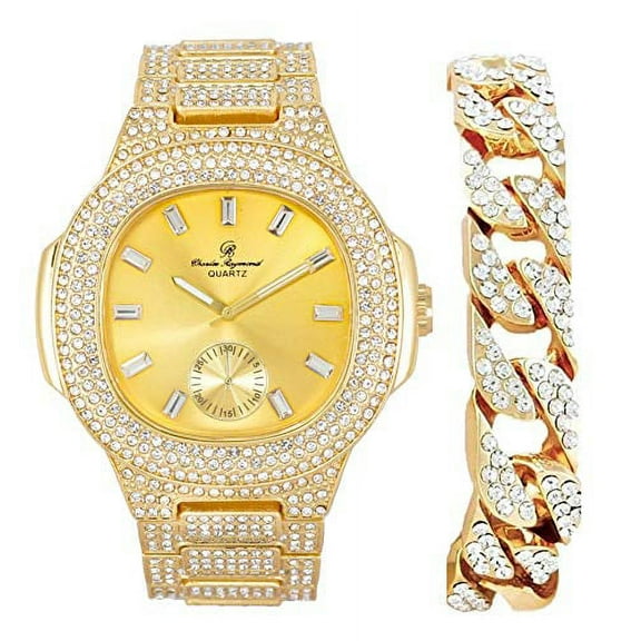 Charles Raymond Bigger is Better Oversized or Baguette Diamonds for The Luxurious Blinged Out Oblong Metal Mens Wristwatch w/Cuban Bracelet- ST10316CE Cuban (ST10235VO Gold Gold)