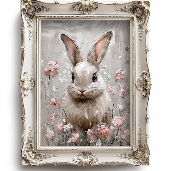 Rabbit Bunny Flower Portrait Print, Egg Day Farmhouse Decor, Bunny Wall, Rabbit Print Vintage Art, Light Academia Decor Art UNFRAMED PAPER POSTER, Home Decor, Vintage Gift, Living Room Dercor