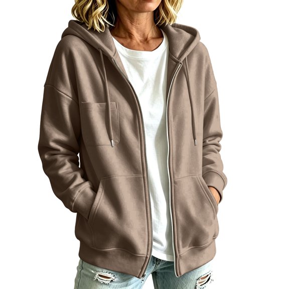 VSSSJ Women's Hoodie Sweatshirts Relaxed Fit Zip Up Long Sleeve Drawstring Pocket Casual Sweatshirt Jacket Top Fall Winter Outfit Khaki XXL