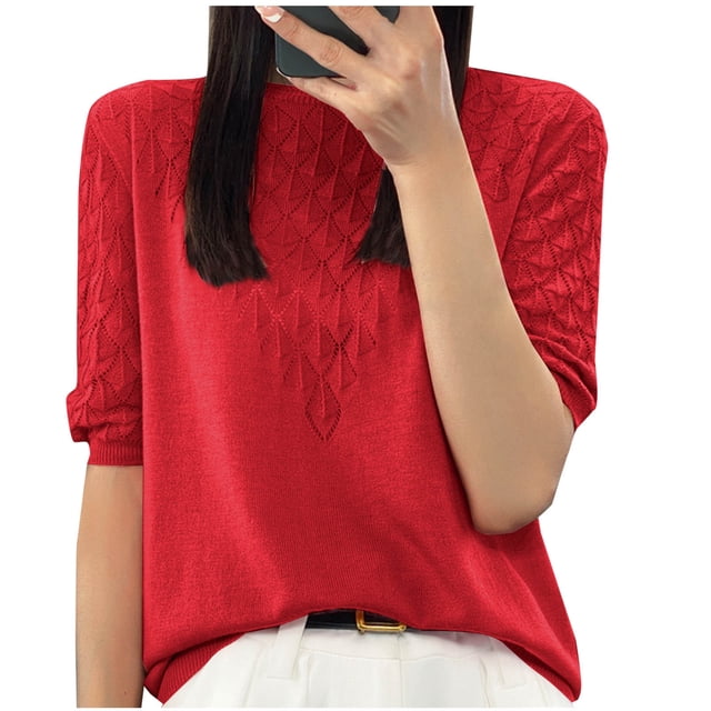 Olyvenn Women T-Shirt à Manches Courtes en Soie Glacée Tricotée pour Femmes, Col Rond Ample, Chandail Tricoté pour Femme, Haut Jumper Rouge M