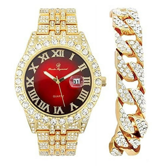 Charles Raymond Big Rocks w/Roman Numerals Fully Iced Out Mens Watch w/Easy Read Date and Colorful Dials- Designer Hip Hop Blinged Out Timepiece - ST10226RND Cuban Gold RED