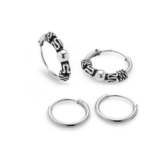 Sterling Silver Set of Two 10mm & 12mm Bali Bead & Polished Endless Hoop Earrings