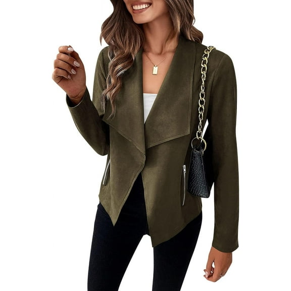 Women's Faux Suede Jackets Fall Clothes Long Sleeve Open Front Cropped Coat Outwear