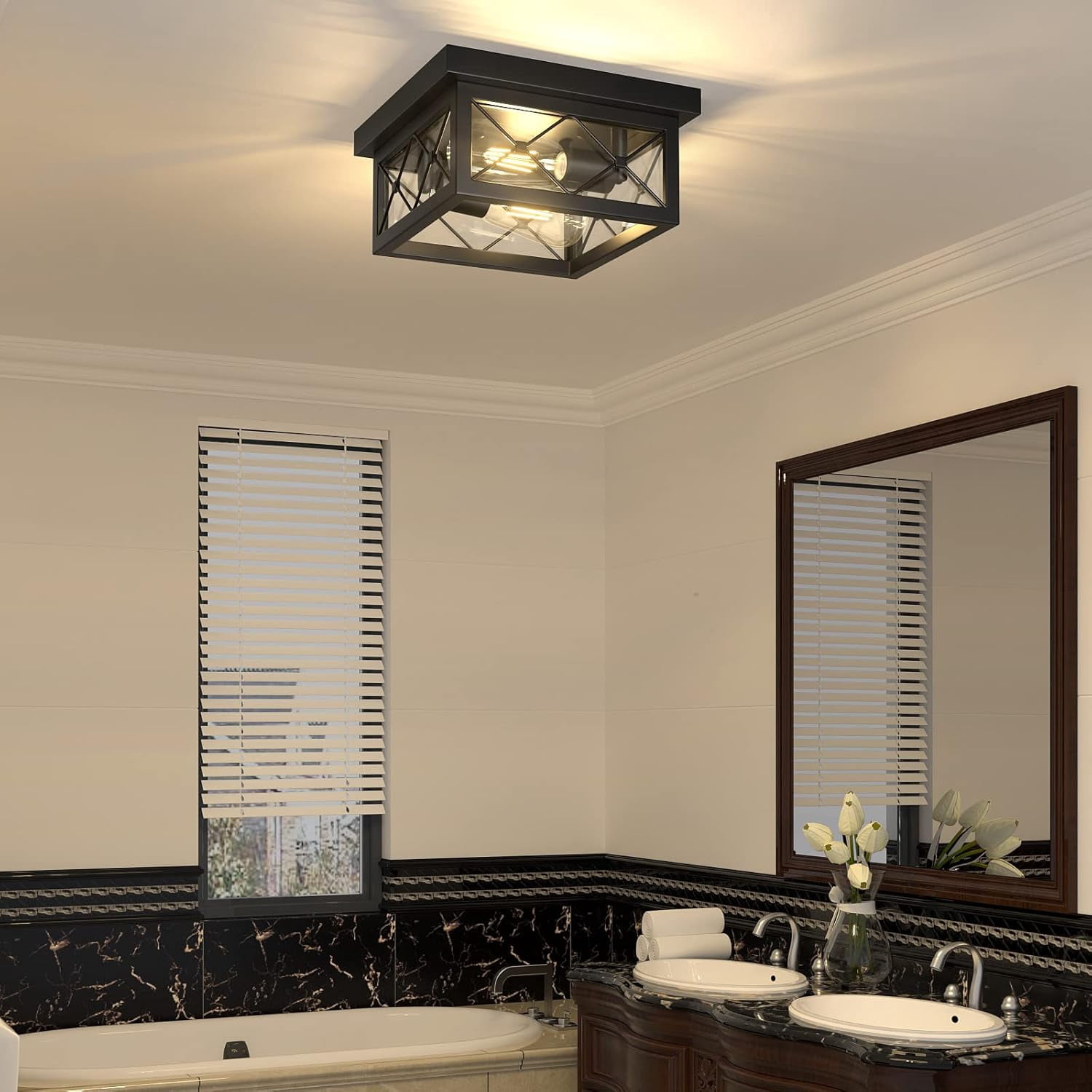Farmhouse Light Fixtures Ceiling Mount 2-Light Black Flush Mount Ceiling Light with Clear Glass Shade Metal Cage Square Ceiling Lamp for Bathroom Kitchen Porch (Bulbs Not Included)