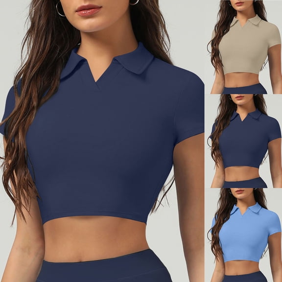 YHAJDS Polo Shirts for Women Short Sleeve V Neck Collared Solid Color Athletic Fit Blouses