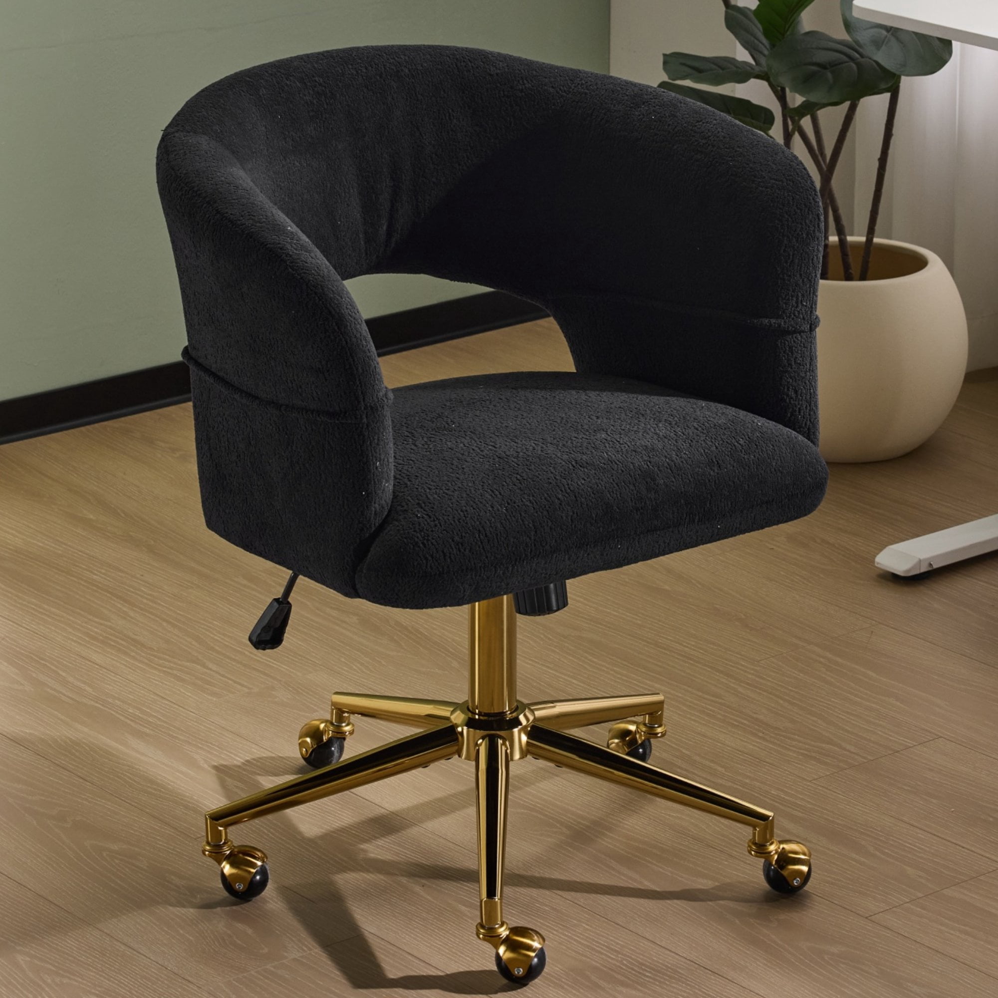 Zimtown Desk Chair with 360 Swivel Adjustable Flannel Accent Chair for Vanity Bedroom Office, Black