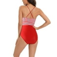 thumbnail image 3 of Women Contrast Color Stripe One Piece Swimsuit Halter Backless Ruched Tummy Control Bathing Suit, 3 of 5