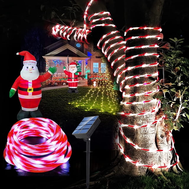 Luces solares de cuerda para exteriores, 33 pies, 100 LED, luces centelleantes impermeables de color caramelo para bodas, patio, jardín, fiesta de Navidad, decoración de trampolín festivo