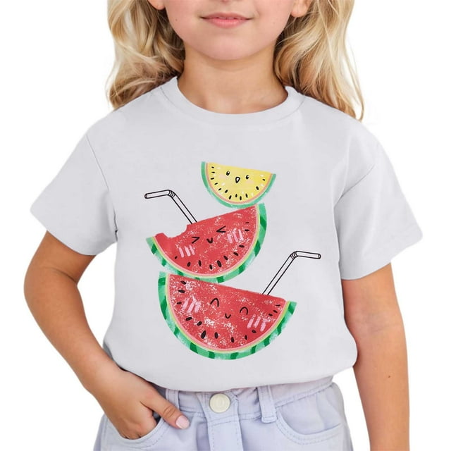 LUOGENLI T-Shirt pour Filles Enfants Mignon Imprimé à Manches Courtes Col Rond T-Shirt Maxi Hauts Ensembles Filles Tenue 2 Pcs Décontractée Blanc 5-6 Ans