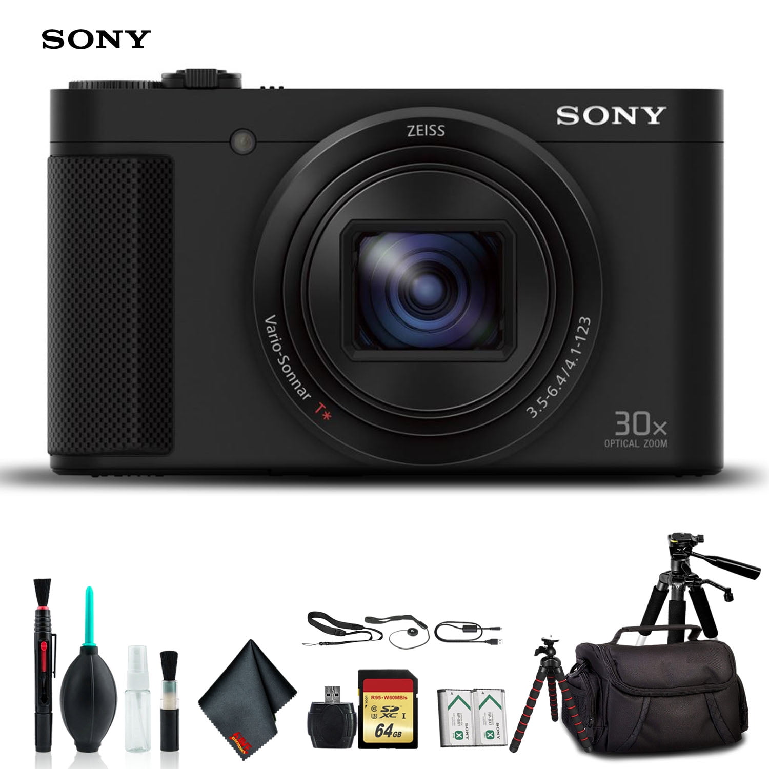 Sony Cybershot DSCHX80 Camera DSCHX80/B With Soft Bag, Tripod, Additional Battery, 64GB Memory