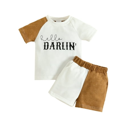 

Wallarenear Baby Boys Contrast Color Letters Print T Shirt Elastic Waist Shorts with Pockets