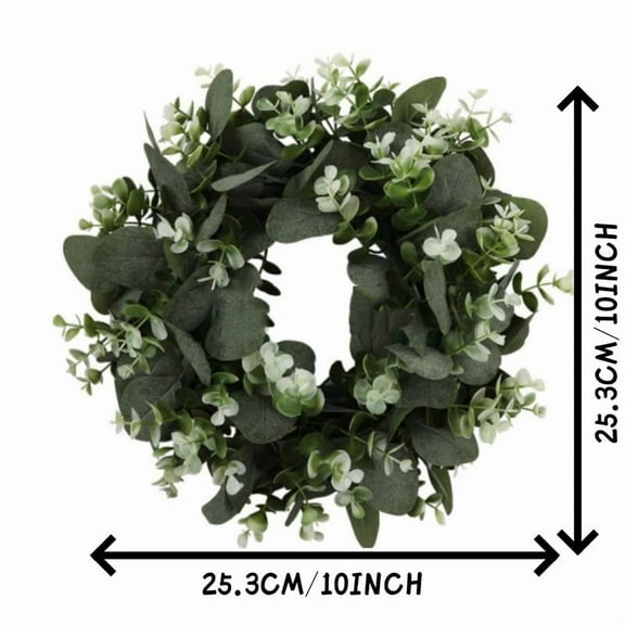 Small size Green Eucalyptus Leaf Wreath, 10 Inch Artificial Spring Summer Wreaths for Front Door Decor, Easter Eucalyptus Wreath with White Flower for Farmhouse Outside Year Round - Indoor/Outdoor