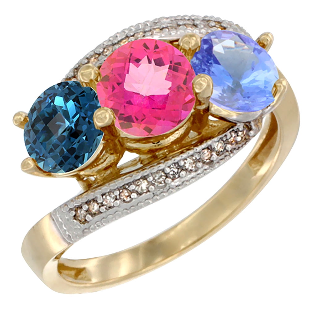 14K Yellow Gold Natural London Blue Topaz, Pink Topaz & Tanzanite 3 stone Ring Round 6mm Diamond Accent, size 7 by Gabriella Gold