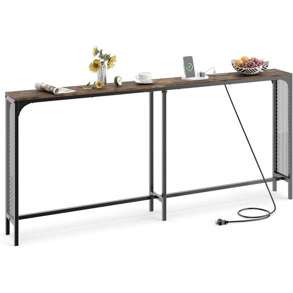 WoofPaw 71" Narrow Console Table with 2 Power Outlets and USB-C Ports,Skinny Behind Couch Tables, Long Entryway Tables for Living Room,Rustic Brown Black