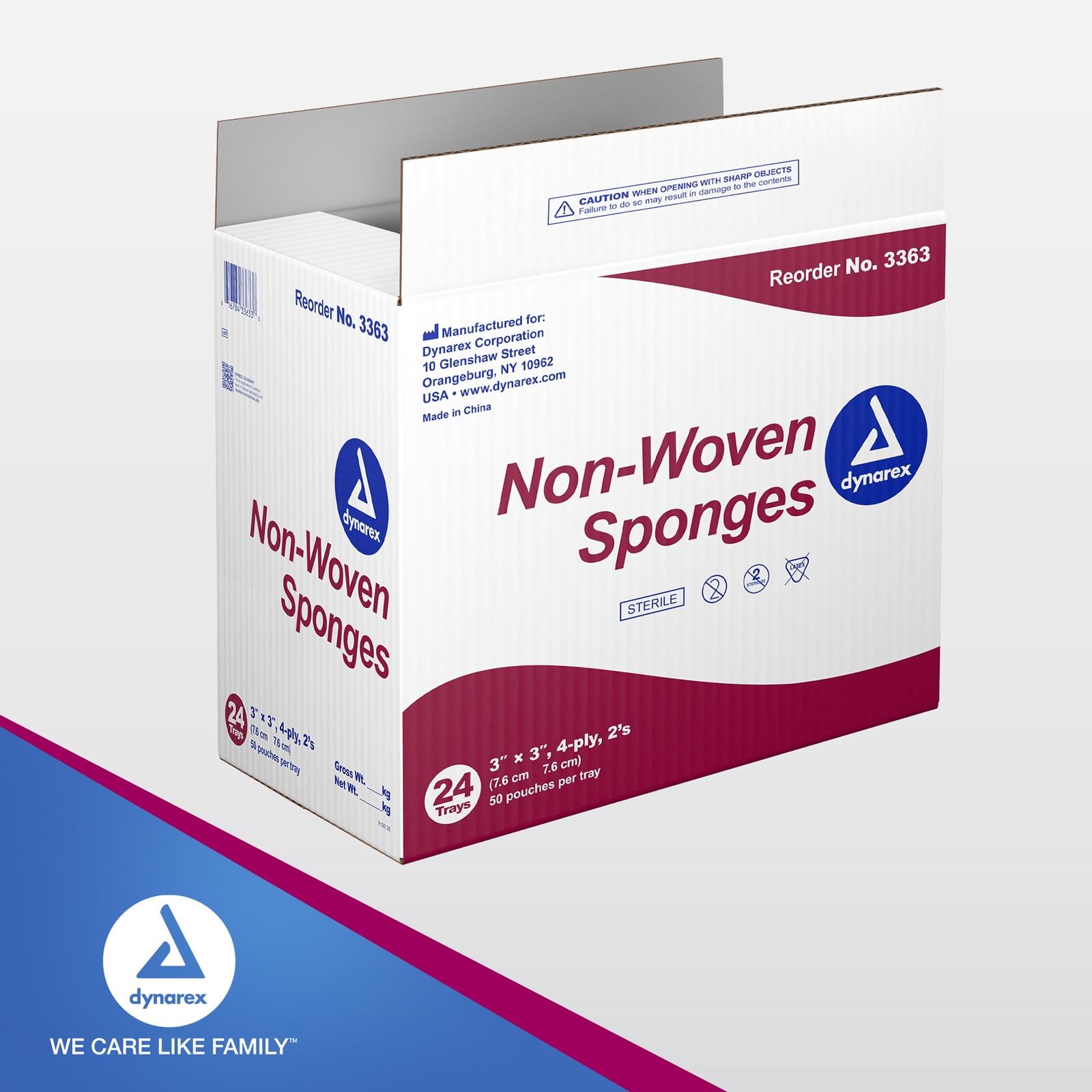 Dynarex Non-Woven Sponges, Sterile, Gauze Sponges, for Cleansing, Prepping and Dressing, 3" x 3", 4 Ply, 1 Case of 1200 (24 Boxes of 50)