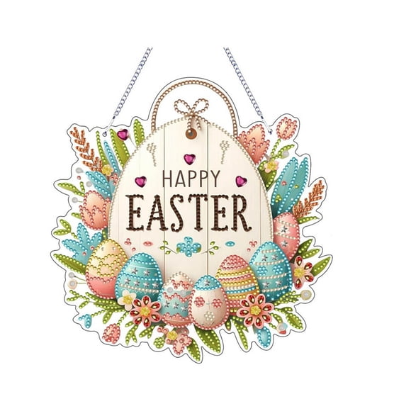 Easter Bunny Rabbit Wreath Decorations for Home Double-Sided Diamond Painting Window Decor Hanging Ornament 25Cm