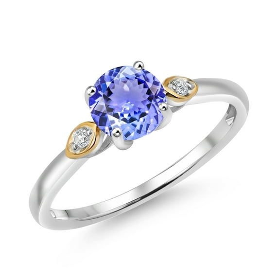 Gem Stone King 925 Silver and 10K Yellow Gold Blue Tanzanite and White Lab Grown Diamond 3-Stone Engagement Ring for Women (0.93 Cttw, Round 6MM, Gemstone December Birthstone, Size 8)