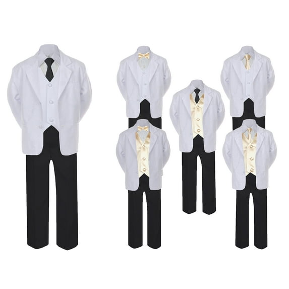 5-7pc Formal Black White Suit Set Champagne Bow Long Tie Vest Boy Baby Sm-20 Teen