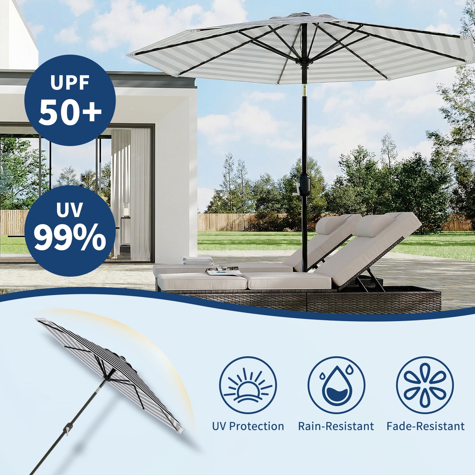 10FT Patio Umbrella for Outdoor Use – 8 Sturdy Ribs, UV Protection, Crank Lift & Push Button Tilt, Waterproof Market Parasol for Garden, Deck, Pool, or Yard – Black & White Stripes