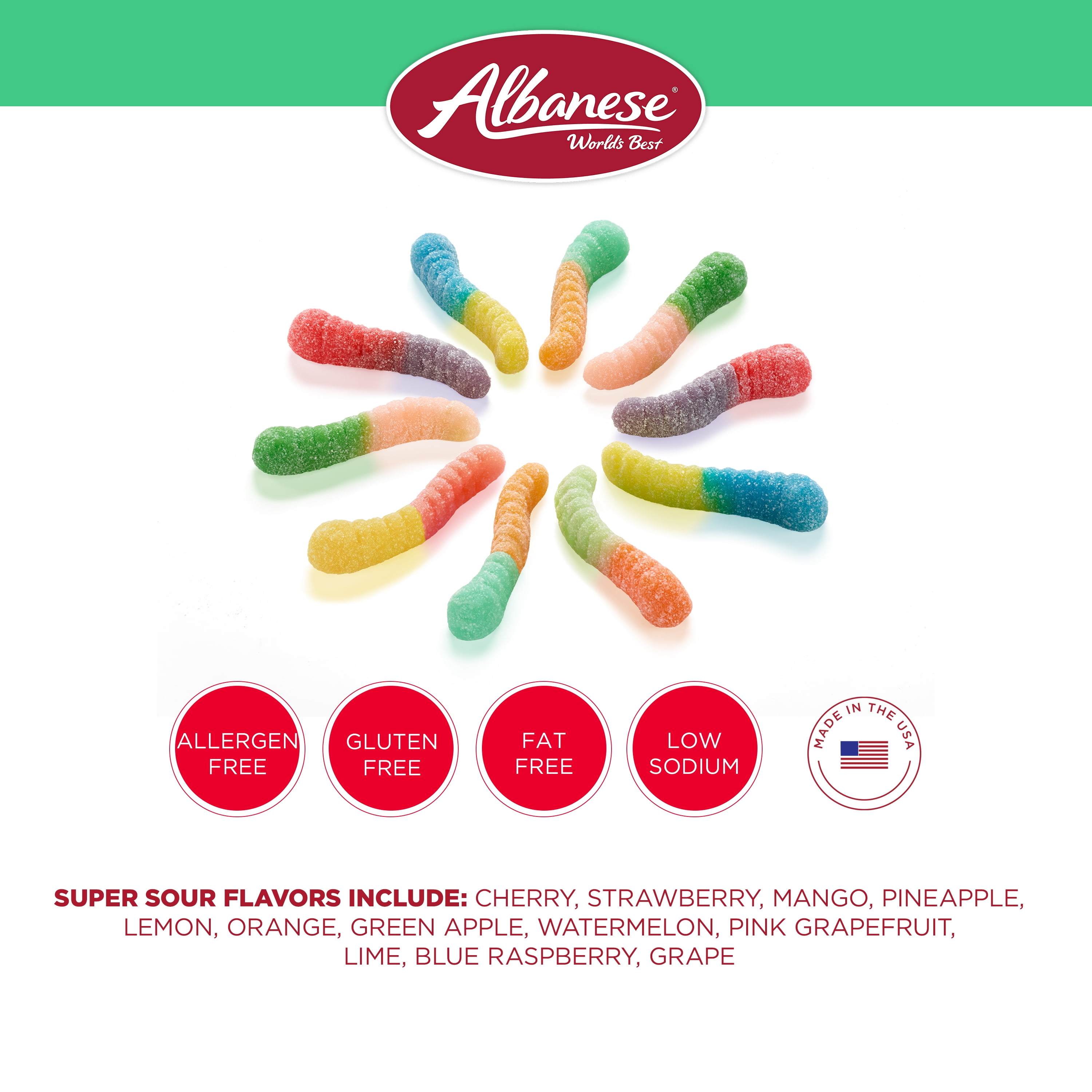 Albanese World's Best Sour 12 Flavor Mini Gummi Worms Gluten Free, 3.2oz