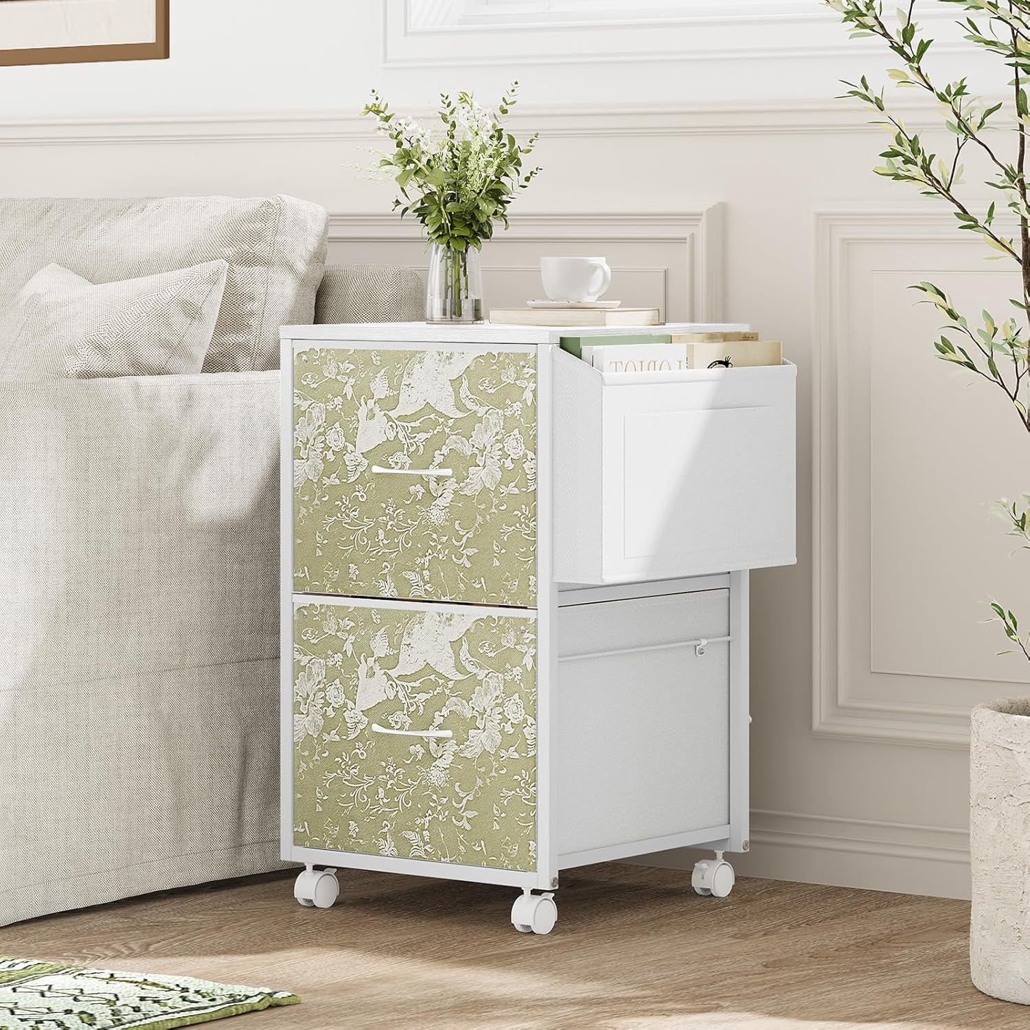 Ktaxon 2-Drawer Rolling File Cabinet with Wheels Side Bag, Fabric Drawers Printer Stand for Home Office, Fits Letter Size, White Green