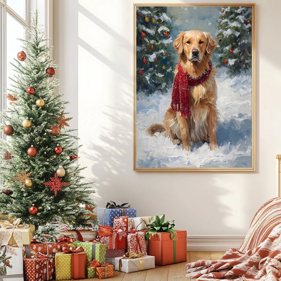 Golden Retriever Wall Art, Cute Dog Winter, Red Scarf Golden,Pet Portrait Print, Home Decor #44, Unframed Poster Size 8x12